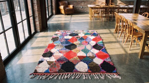 Antique moroccan - boucherouitte small scatter size wool multicolor rug 2 Antique moroccan - boucherouitte small scatter size wool multicolor rug (sku 22445) - styled overhead view