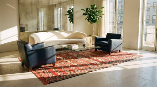 Antique moroccan coral rabat flat weave rug 9 Antique moroccan coral rabat flat weave rug (sku 25496) - room view