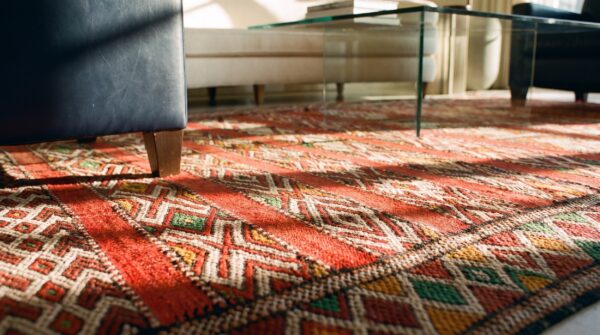 Antique moroccan coral rabat flat weave rug 10 Antique moroccan coral rabat flat weave rug (sku 25496) - in-room detail