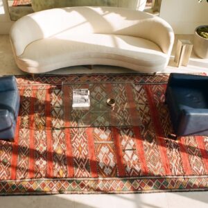 Antique Moroccan Coral Rabat Flat Weave Rug (SKU 25496) - styled overhead view