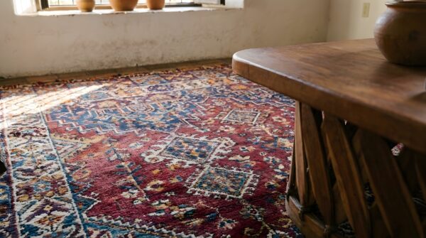 Antique moroccan coral rabat room size wool rug 10 Antique moroccan coral rabat room size wool rug (sku 25600) - in-room detail