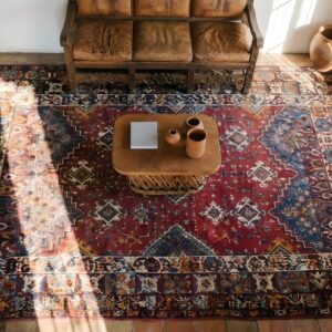 Antique Moroccan Coral Rabat Room Size Wool Rug (SKU 25600) - styled overhead view