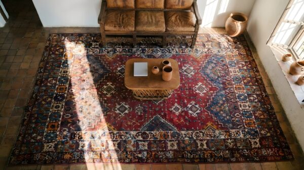 Antique moroccan coral rabat room size wool rug 2 Antique moroccan coral rabat room size wool rug (sku 25600) - styled overhead view