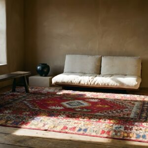 Antique Moroccan Rabat Carpet 6'8"×9'6" Red Medallion, Hand-Knotted Wool, 1900s (SKU 18764) - room view
