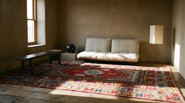 Antique moroccan rabat carpet 6'8"×9'6" red medallion, hand-knotted wool, 1900s (sku 18764) - room view