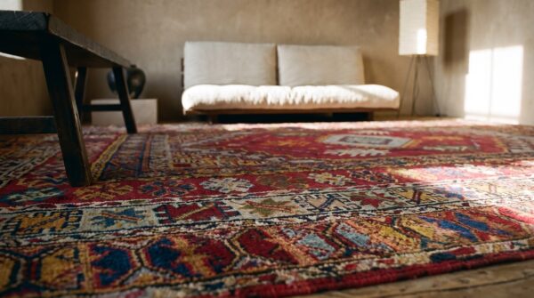 Antique moroccan rabat carpet 6'8"×9'6" red medallion, hand-knotted wool, 1900s (sku 18764) - in-room detail