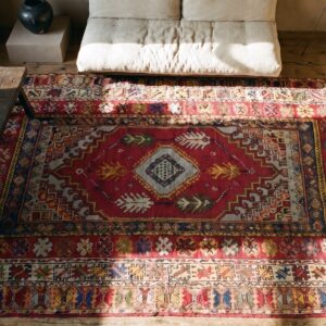 Antique Moroccan Rabat Carpet 6'8"×9'6" Red Medallion, Hand-Knotted Wool, 1900s (SKU 18764) - styled overhead view