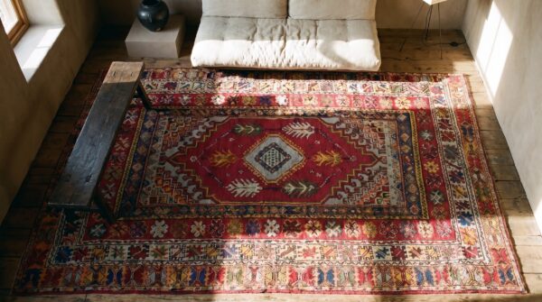 Antique moroccan rabat carpet 6'8"×9'6" red medallion, hand-knotted wool, 1900s (sku 18764) - styled overhead view