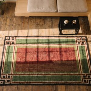Multicolor 1920s Wool American Hooked Antique Small Scatter Size Rug (SKU 20492) - styled overhead view