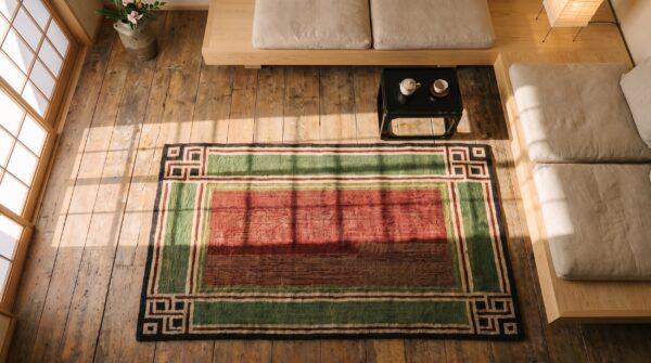 Multicolor 1920s wool american hooked antique small scatter size rug 2 Multicolor 1920s wool american hooked antique small scatter size rug (sku 20492) - styled overhead view