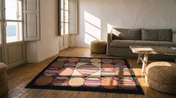 Antique multicolor wool 1920s american hooked small square scatter rug 9 Antique multicolor wool 1920s american hooked small square scatter rug (sku 20478) - room view