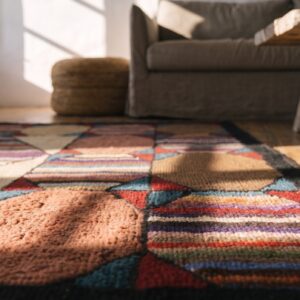 Antique Multicolor Wool 1920s American Hooked Small Square Scatter Rug (SKU 20478) - in-room detail