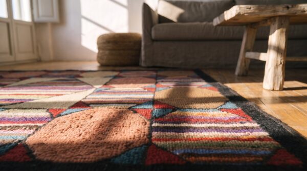 Antique multicolor wool 1920s american hooked small square scatter rug 10 Antique multicolor wool 1920s american hooked small square scatter rug (sku 20478) - in-room detail