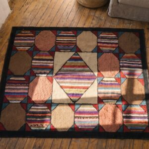 Antique Multicolor Wool 1920s American Hooked Small Square Scatter Rug (SKU 20478) - styled overhead view