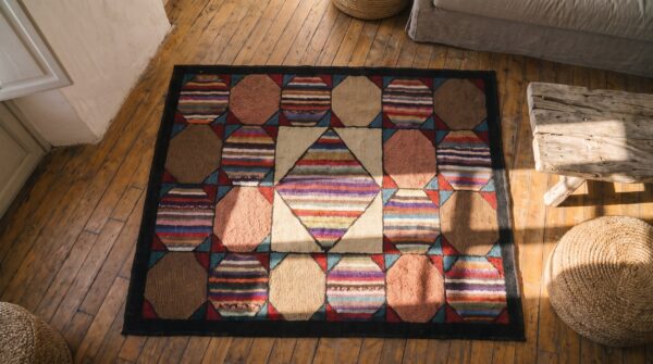 Antique multicolor wool 1920s american hooked small square scatter rug 2 Antique multicolor wool 1920s american hooked small square scatter rug (sku 20478) - styled overhead view