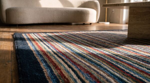 Multicolor 1920s american square hooked wool antique rug 11 Multicolor 1920s american square hooked wool antique rug (sku 20564) - in-room detail