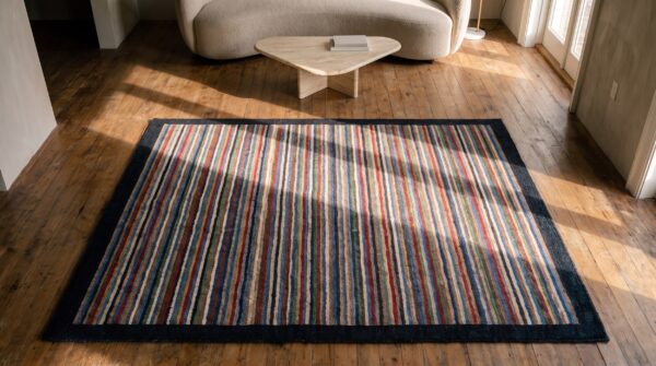 Multicolor 1920s american square hooked wool antique rug 2 Multicolor 1920s american square hooked wool antique rug (sku 20564) - styled overhead view