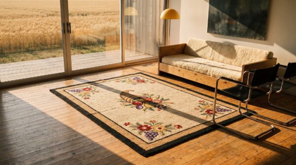 Wool multicolor hooked american small scatter size antique 1930s rug 9 Wool multicolor hooked american small scatter size antique 1930s rug (sku 20470) - room view
