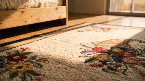 Wool multicolor hooked american small scatter size antique 1930s rug 10 Wool multicolor hooked american small scatter size antique 1930s rug (sku 20470) - in-room detail