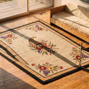 Wool Multicolor Hooked American Small Scatter Size Antique 1930s Rug (SKU 20470) - styled overhead view