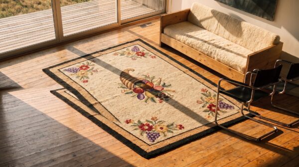 Wool multicolor hooked american small scatter size antique 1930s rug 2 Wool multicolor hooked american small scatter size antique 1930s rug (sku 20470) - styled overhead view