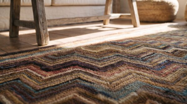 Multicolor hooked small scatter size american 1940s antique wool rug (sku 20518) - in-room detail