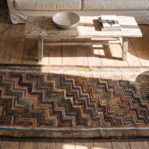 Multicolor Hooked Small Scatter Size American 1940s Antique Wool Rug (SKU 20518) - styled overhead view