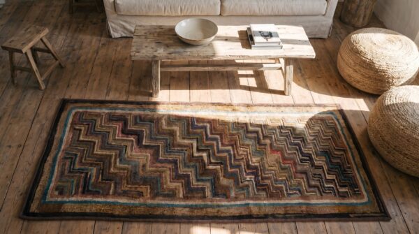 Multicolor hooked small scatter size american 1940s antique wool rug (sku 20518) - styled overhead view