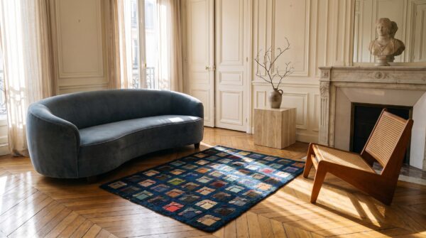 Antique wool multicolor jewel tones hooked - loop pile square rug 10 Antique wool multicolor jewel tones hooked - loop pile square rug (sku 20540) - room view