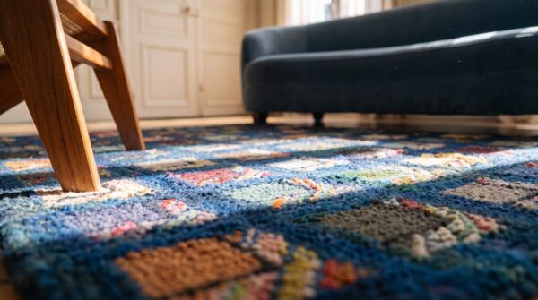 Antique wool multicolor jewel tones hooked - loop pile square rug 11 Antique wool multicolor jewel tones hooked - loop pile square rug (sku 20540) - in-room detail