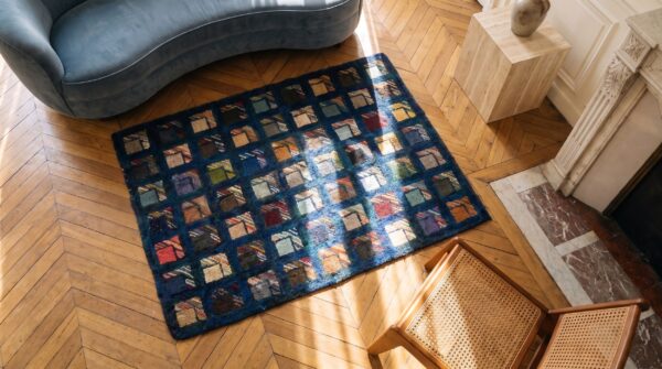 Antique wool multicolor jewel tones hooked - loop pile square rug 2 Antique wool multicolor jewel tones hooked - loop pile square rug (sku 20540) - styled overhead view