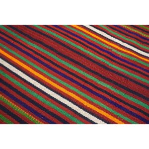 Multicolor Vintage Mid-century Modern Stripe Handwoven Turkish Kilim Small Rug - detail view 5