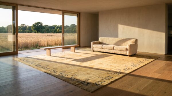 Antique n. Chinese mongolian carpet 16'10"×17'10" dusty rose & camel, square format, circa 1900 9 Antique n. Chinese mongolian carpet 16'10"×17'10" dusty rose & camel, square format, circa 1900 (sku 17646) - room view