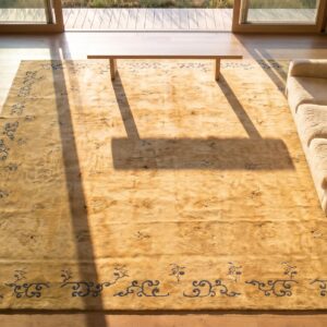 Antique N. Chinese Mongolian Carpet 16'10"×17'10" Dusty Rose & Camel, Square Format, Circa 1900 (SKU 17646) - styled overhead view