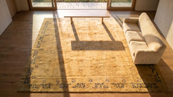 Antique n. Chinese mongolian carpet 16'10"×17'10" dusty rose & camel, square format, circa 1900 2 Antique n. Chinese mongolian carpet 16'10"×17'10" dusty rose & camel, square format, circa 1900 (sku 17646) - styled overhead view