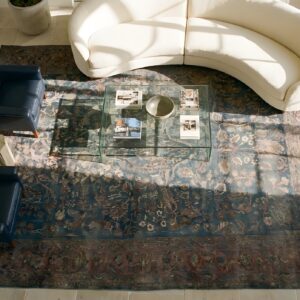 Antique N.E. Persian Khorassan Moud Carpet, Early 20th Century, Hand-Knotted Wool (SKU 24570) - styled overhead view