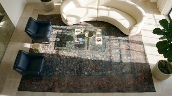 Antique n. E. Persian khorassan moud carpet, early 20th century, hand-knotted wool 2 Antique n. E. Persian khorassan moud carpet, early 20th century, hand-knotted wool (sku 24570) - styled overhead view