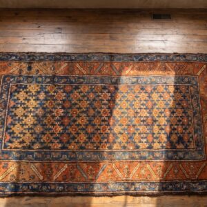 Antique N.W. Persian Allover Geometric Wool Hand Knotted Pile Blue 1900s Rug (SKU 21581) - styled overhead view