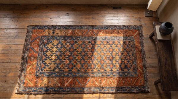 Antique n. W. Persian allover geometric wool hand knotted pile blue 1900s rug 2 Antique n. W. Persian allover geometric wool hand knotted pile blue 1900s rug (sku 21581) - styled overhead view