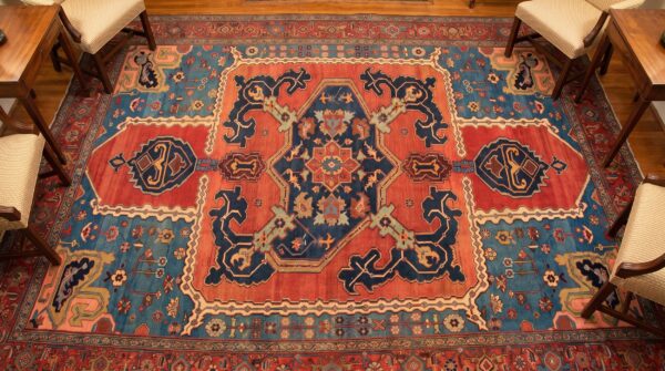 Antique n. W. Persian bakhshaiesh carpet 10'8"×16'10" blue & red, hand-knotted wool, 1880s 2 Antique n. W. Persian bakhshaiesh carpet 10'8"×16'10" blue & red, hand-knotted wool, 1880s (sku 21739) - styled overhead view