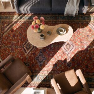 Antique N.W. Persian Bakshaiesh Gallery Carpet 6'8"×17' Red Field, Teal Green Border, Circa 1880 (SKU 19065) - styled overhead view