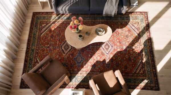 Antique n. W. Persian bakshaiesh gallery carpet 6'8"×17' red field, teal green border, circa 1880 2 Antique n. W. Persian bakshaiesh gallery carpet 6'8"×17' red field, teal green border, circa 1880 (sku 19065) - styled overhead view