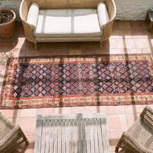 Antique N.W. Persian Blue 1840s Hallway Runner Rug (SKU 21429) - styled overhead view