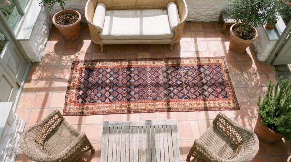 Antique n. W. Persian blue 1840s hallway runner rug 2 Antique n. W. Persian blue 1840s hallway runner rug (sku 21429) - styled overhead view