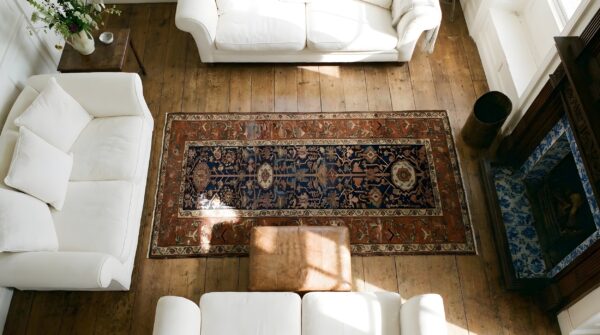 Antique n. W. Persian blue 1880s hallway runner rug 2 Antique n. W. Persian blue 1880s hallway runner rug (sku 25618) - styled overhead view