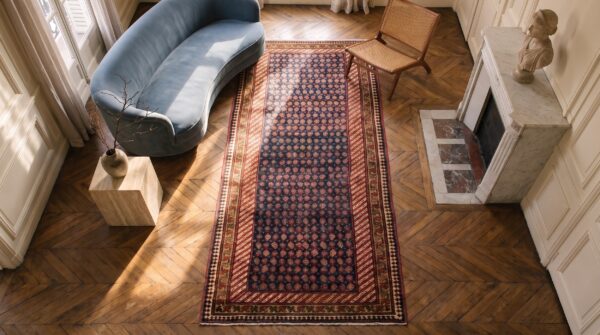 Antique n. W. Persian persian blue 1890s blue rug 2 Antique n. W. Persian persian blue 1890s blue rug (sku 21393) - styled overhead view