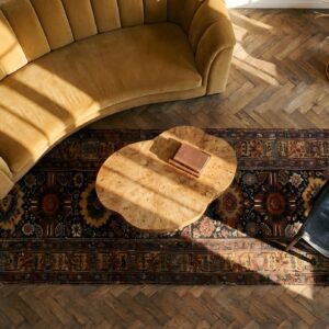 Antique N.W. Persian Wool Blue Hallway Runner Rug (SKU 25069) - styled overhead view