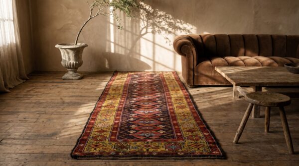 Antique n. W. Persian blue hallway runner 4 pointed star motif rug, 1870s 6 Antique n. W. Persian blue hallway runner 4 pointed star motif rug, 1870s (sku 21490) - room view