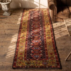 Antique N.W. Persian Blue Hallway Runner 4 Pointed Star Motif Rug, 1870s (SKU 21490) - styled overhead view