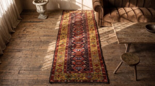 Antique n. W. Persian blue hallway runner 4 pointed star motif rug, 1870s 2 Antique n. W. Persian blue hallway runner 4 pointed star motif rug, 1870s (sku 21490) - styled overhead view